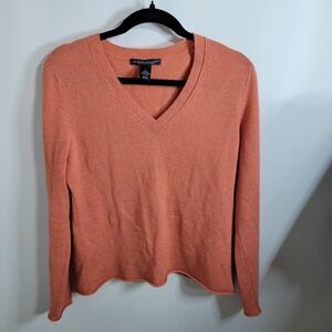 Elena Solano 100% 2 Ply Orange Cashmere V-neck Sweater, Size L